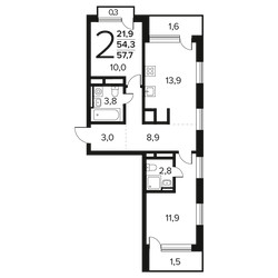 Планировка двухкомнатной(квартира) площадью 57.7 квадратных метров в ЖК “Новые Ватутинки. Заречный”