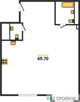 Планировка однокомнатной(апартаменты) площадью 69.7 квадратных метров в “ЖК Дом на Поварской”