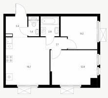Планировка двухкомнатной(квартира) площадью 48.6 квадратных метров в “Ярославский квартал”