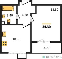 Планировка однокомнатной(квартира) площадью 34.3 квадратных метров в ЖК “ЖК 1-й Ленинградский (Первый Ленинградский)”