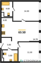 Планировка двухкомнатной(квартира) площадью 63.5 квадратных метров в ЖК “ЖК Sokolniki (Сокольники)”