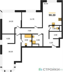 Планировка трехкомнатной(квартира) площадью 90.2 квадратных метров в ЖК “Кутузов Сити”