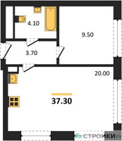 Планировка однокомнатной(квартира) площадью 37.3 квадратных метров в “ЖК Wave (Вейв)”