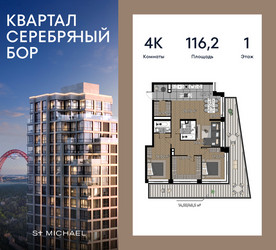 Планировка 4+ комнатной(квартира) площадью 116.2 квадратных метров в ЖК “ЖК Квартал Серебряный бор”