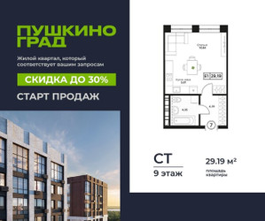 Планировка студии(квартира) площадью 29.19 квадратных метров в ЖК “ЖК Пушкино Град”