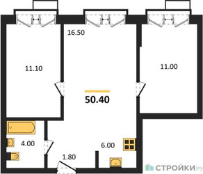 Планировка двухкомнатной(квартира) площадью 50.4 квадратных метров в ЖК “Лесная Коллекция”