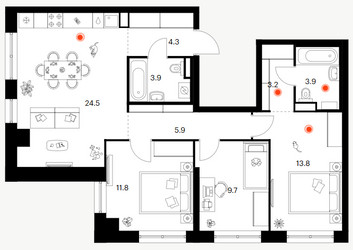 Планировка трехкомнатной(квартира) площадью 81 квадратных метров в ЖК “Нарвин”