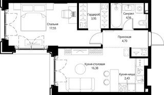 Планировка однокомнатной(квартира) площадью 49.57 квадратных метров в “ЖК Сити Бэй”