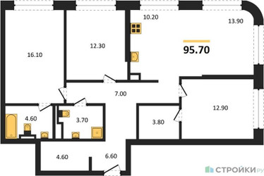 Планировка трехкомнатной(квартира) площадью 95.7 квадратных метров в “ЖК Sokolniki (Сокольники)”