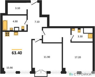 Планировка двухкомнатной(квартира) площадью 63.4 квадратных метров в ЖК “ЖК Emotion (Эмоушен)”