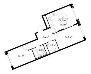 Планировка двухкомнатной(квартира) площадью 58 квадратных метров в ЖК “ЖК Переделкино Ближнее”