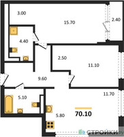 Планировка двухкомнатной(квартира) площадью 70.1 квадратных метров в “ЖК Дом на Зорге”