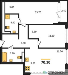 Планировка двухкомнатной(квартира) площадью 70.1 квадратных метров в ЖК “ЖК Дом на Зорге”