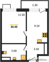 Планировка однокомнатной(квартира) площадью 30.4 квадратных метров в “ЖК Южные сады”
