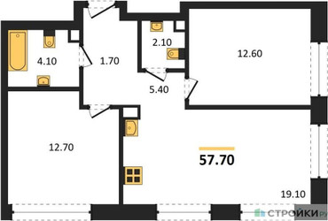 Планировка двухкомнатной(квартира) площадью 57.7 квадратных метров в ЖК “ЖК Shagal (Шагал)”