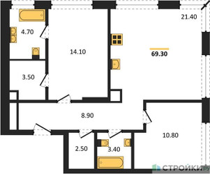 Планировка двухкомнатной(квартира) площадью 69.3 квадратных метров в ЖК “ЖК Portland (Портланд)”