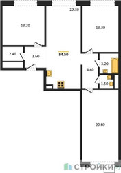 Планировка трехкомнатной(квартира) площадью 84.5 квадратных метров в ЖК “ЖК Wave (Вейв)”