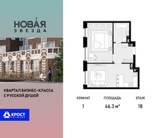Планировка однокомнатной(квартира) площадью 46.3 квадратных метров в “ЖК Новая Звезда (Газопровод)”