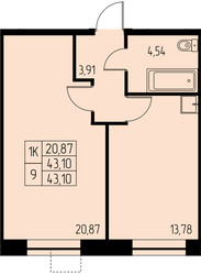 Планировка однокомнатной(квартира) площадью 43.1 квадратных метров в ЖК “ЖК Дом на Студенческом”