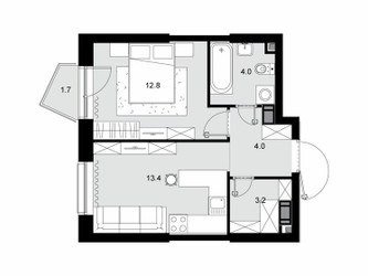 Планировка однокомнатной(квартира) площадью 38.2 квадратных метров в ЖК “ЖК Трилогия Кристалл”