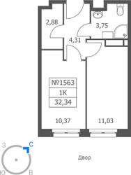 Планировка однокомнатной(апартаменты) площадью 32.34 квадратных метров в ЖК “ЖК Волковская 67”