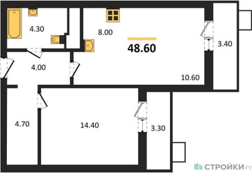 Планировка однокомнатной(квартира) площадью 48.6 квадратных метров в ЖК “ЖК Пироговская Ривьера”