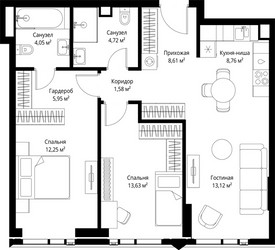 Планировка двухкомнатной(квартира) площадью 74.04 квадратных метров в ЖК “ЖК Джойс”