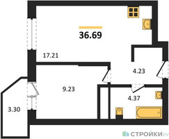 Планировка однокомнатной(квартира) площадью 36.69 квадратных метров в “ЖК ВОСТОК II”