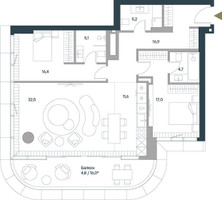 Планировка трехкомнатной(квартира) площадью 114.2 квадратных метров в “ЖК Springs (Спрингс)”