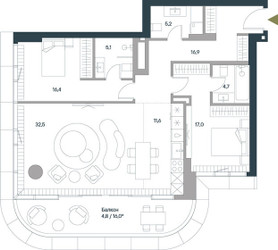 Планировка трехкомнатной(квартира) площадью 114.2 квадратных метров в ЖК “ЖК Springs (Спрингс)”