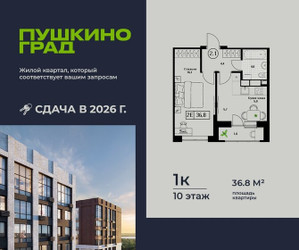 Планировка однокомнатной(квартира) площадью 36.8 квадратных метров в ЖК “ЖК Пушкино Град”