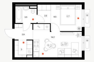 Планировка однокомнатной(квартира) площадью 34.6 квадратных метров в ЖК “ЖК Восточное Бутово”