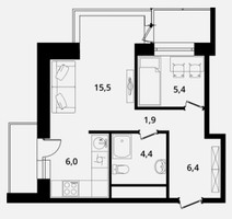Планировка однокомнатной(апартаменты) площадью 39.6 квадратных метров в “ЖК Клубный Дом на Пришвина”