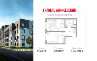 Планировка двухкомнатной(квартира) площадью 33.38 квадратных метров в “ЖК Аникеевский”