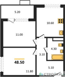 Планировка двухкомнатной(квартира) площадью 48.5 квадратных метров в ЖК “ЖК Бунинские кварталы”