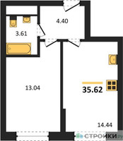Планировка однокомнатной(квартира) площадью 35.62 квадратных метров в “ЖК Дюна”
