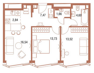 Планировка двухкомнатной(квартира) площадью 61.4 квадратных метров в ЖК “ЖК Симфония 34”