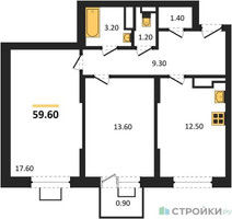 Планировка двухкомнатной(квартира) площадью 59.6 квадратных метров в “ЖК Видный берег 2”