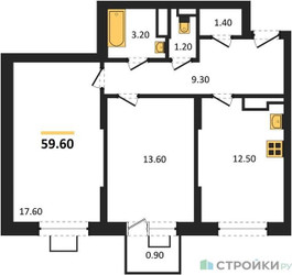 Планировка двухкомнатной(квартира) площадью 59.6 квадратных метров в ЖК “ЖК Видный берег 2”