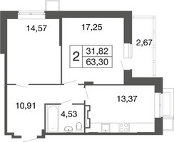 Планировка двухкомнатной(квартира) площадью 63.3 квадратных метров в “ЖК Времена года”
