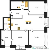 Планировка трехкомнатной(квартира) площадью 81.55 квадратных метров в “ЖК LIFE Варшавская”