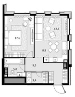 Планировка двухкомнатной(квартира) площадью 56.7 квадратных метров в “ЖК Crystal Трилогия (Кристал)”