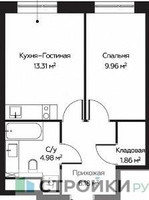Планировка однокомнатной(апартаменты) площадью 36.29 квадратных метров в “ЖК Пятницкое 58 (Перец)”