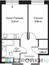 Планировка однокомнатной(апартаменты) площадью 36.29 квадратных метров в “ЖК Пятницкое 58 (Перец)”