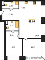Планировка двухкомнатной(квартира) площадью 63.05 квадратных метров в “ЖК TATE (Тэйт)”