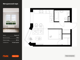 Планировка однокомнатной(квартира) площадью 30.7 квадратных метров в ЖК “ЖК Мичуринский Парк”