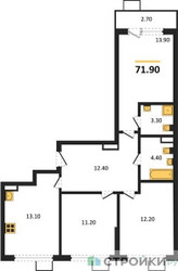 Планировка трехкомнатной(квартира) площадью 71.9 квадратных метров в ЖК “ЖК Деснаречье”