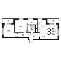 Планировка трехкомнатной(квартира) площадью 60.1 квадратных метров в “Новые Ватутинки. Заречный”