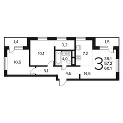 Планировка трехкомнатной(квартира) площадью 60.1 квадратных метров в ЖК “Новые Ватутинки. Заречный”