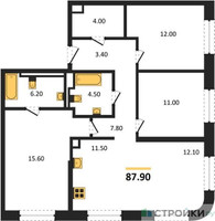 Планировка трехкомнатной(квартира) площадью 87.9 квадратных метров в “ЖК STONE Sokolniki (Сокольники)”